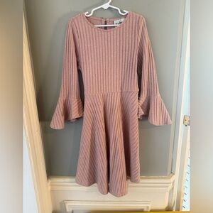 Girls Pink Ribbed Knit Dress Bell Sleeve Tie Waist Youth Size 12